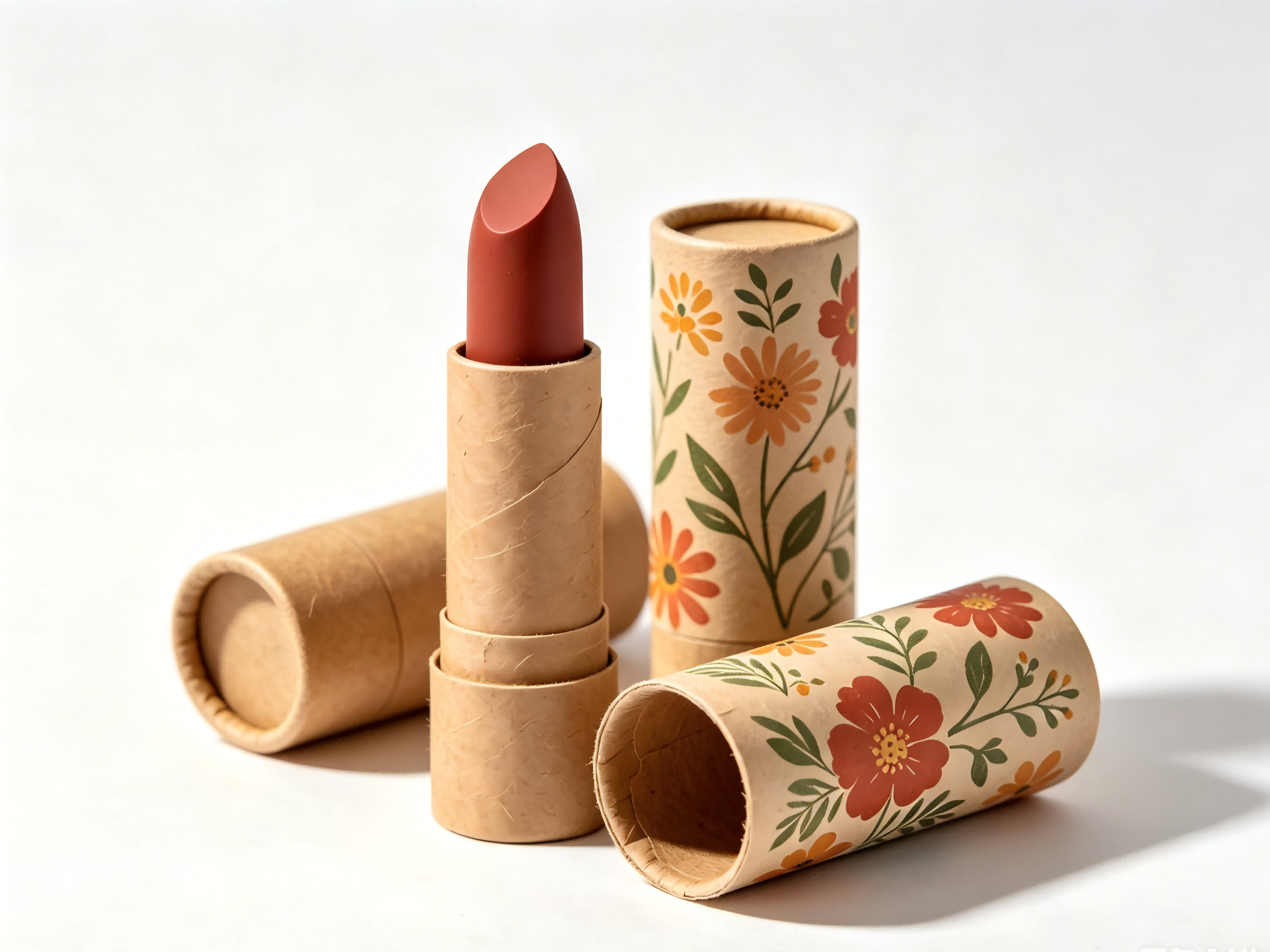 Eco-friendly kraft paper lipstick tubes with custom floral print, biodegradable sustainable cosmetic packaging